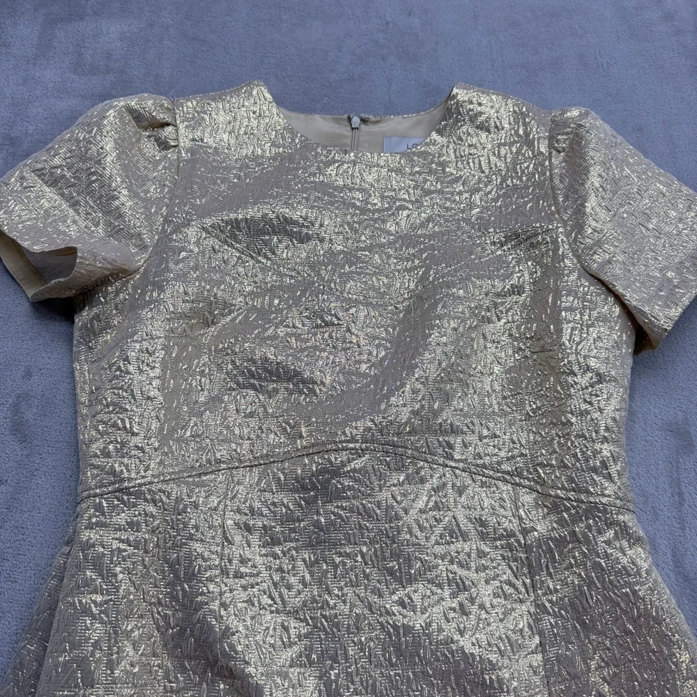 LOFT Dress Womens 6 Gold Metallic Jacquard Short Sleeve Puff Shift Cocktail Glam